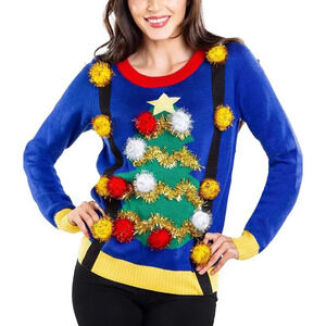 Tipsy Elves Ugly Christmas Tree Tinsel Balls Suspenders Sweater Size L